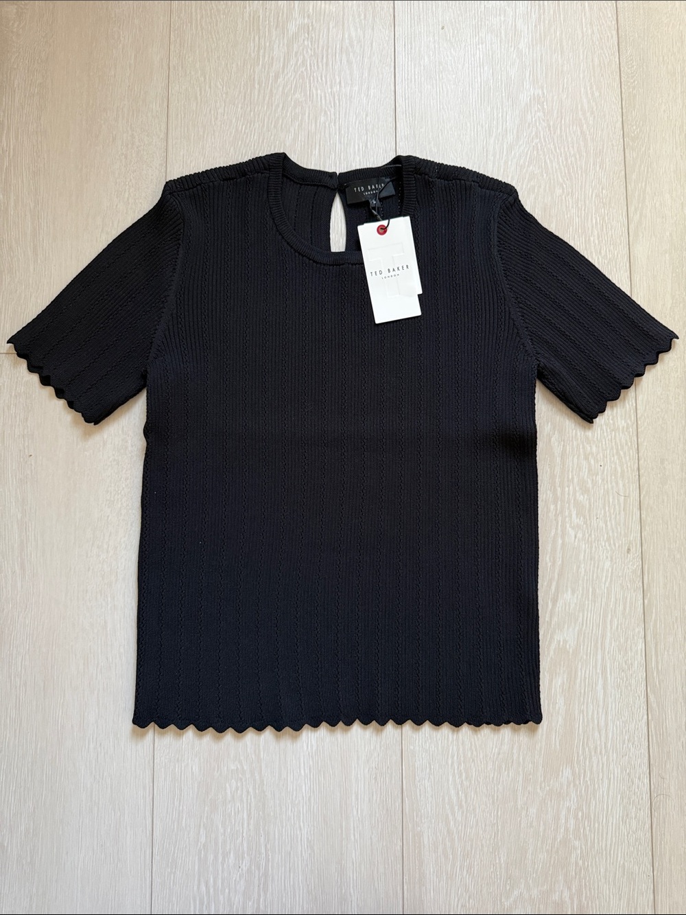 Ted Baker Rich Black Summer Soirée Ribbed Short Sleeve Scallop Pointelle Edge To - Picture 2 of 9